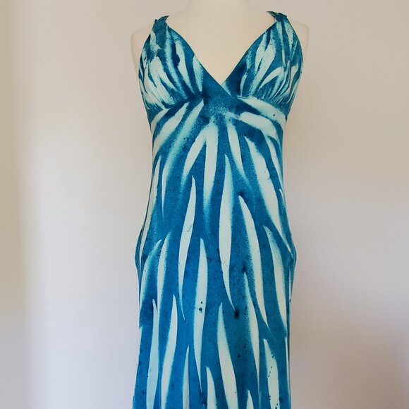 NEW Silk Short midi maxi halter summer Dress painted white blue beach resort 4 6 - Picture 9 of 12